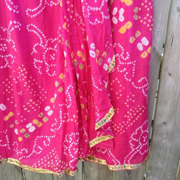 Pink Sari Skirt Choli Blouse Set Batik Yellow Gold 40"B 34"W Lehanga - Picture 8 of 10